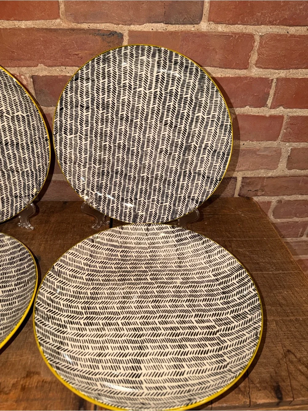 OKA Mustard Yellow Ochre Dash Herringbone Dinner Plates Teal Rim Set of 4